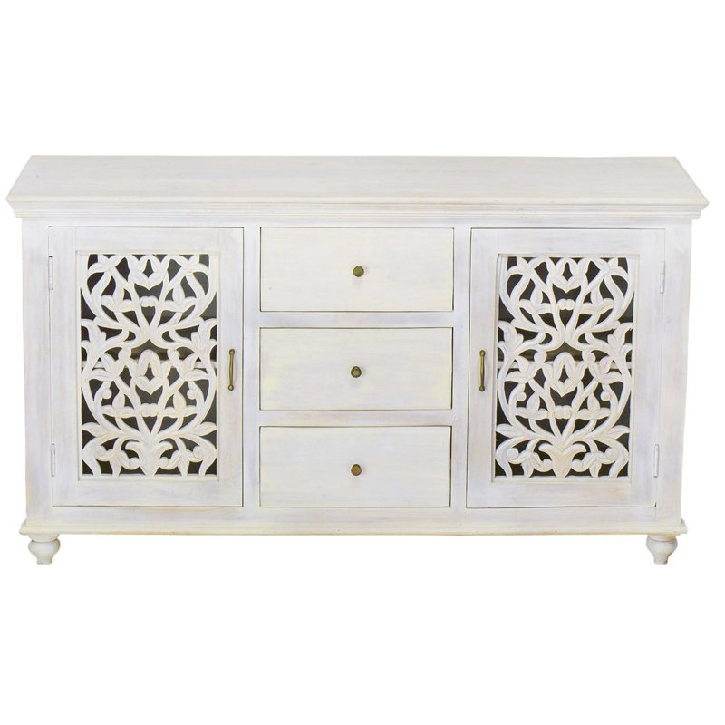 Buffet 64 po blanc avec tiroirs, collection Luna sculptée à la main