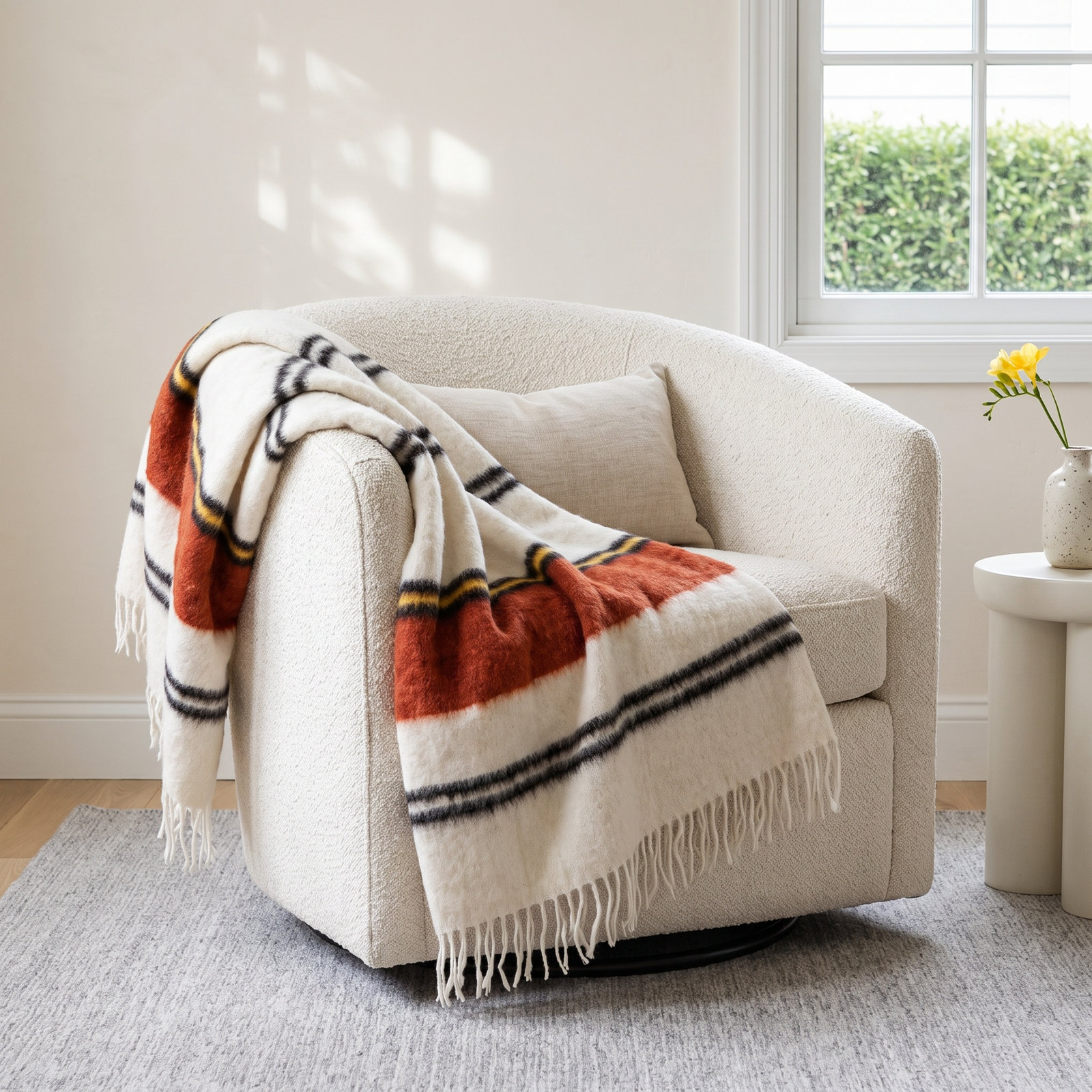 Kahlua Handwoven Wool Throw Blanket, Yellow/Red/Black, Striped