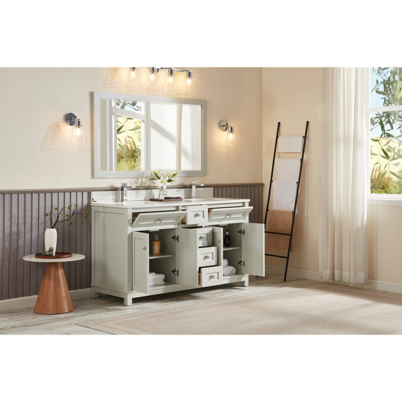 60" Finish Solid Wood Sink Vanity With 1' Artificial Stone Top, Silver Strand, Polished Chrome