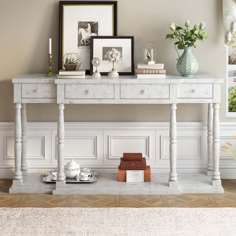 Console sophistiquée pour couloir, salon et chambre à coucher avec quatre tiroirs de rangement et une tablette pour une organisation optimale