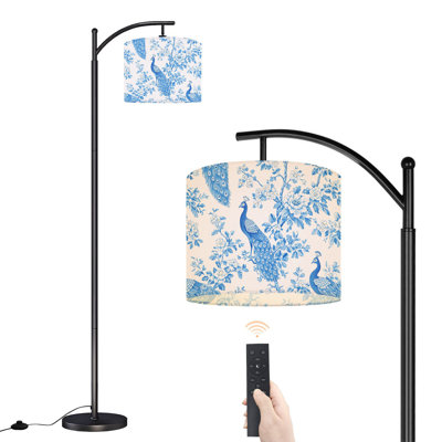 Lampe sur pied à arc avec abat-jour ajustable Lampe sur pied à motif de paon bleu et blanc à motif floral 3 lumières à intensité variable avec interrupteur au pied pour chambre à coucher
