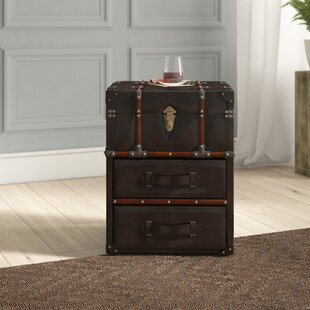 Traditional Style Navy Blue Storage Trunk Chairside Table With 2 Drawers  And Leather Trim