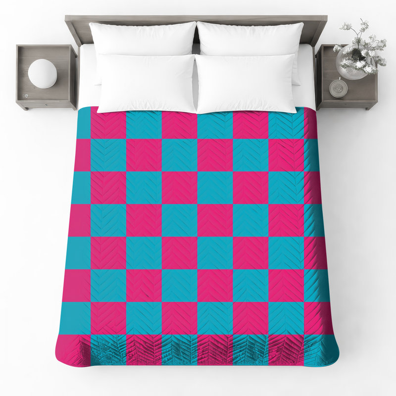 Couvre-lit matelassé à carreaux rose et bleu, King