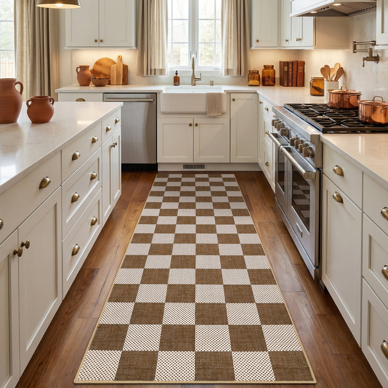 Tapis multicolore à carreaux lavable avec envers antidérapant, Brun, 2 x 6 pi