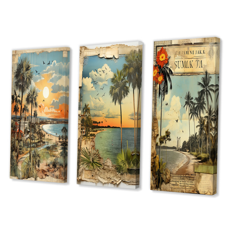 Florida Wall Art, ensemble de 3 pièces sur toile - Collage de palmiers de Floride rétro et plage I, Toile tendue, Sans cadre