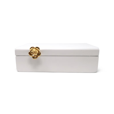 Mercer41 Rectangular White Wood Decorative Box with Gold Flower Detail