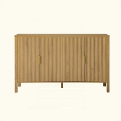 Armoire de rangement moderne à rayures, buffet à 4 portes avec supports de rangement à l'arrière et crochets latéraux, tablettes réglables, armoire en panneau de fibres à densité moyenne avec poignées en aluminium pour le salon, la salle à manger
