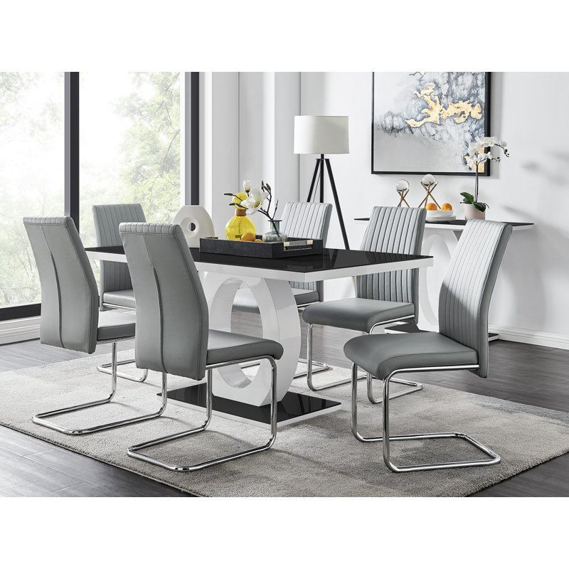 Scottsmoor Modern High Gloss Halo 6 Seater Dining Table Set with Luxury Faux Leather Dining Chairs, Gray, White/Black
