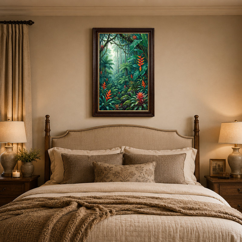 Art mural sur toile dense forêt tropicale avec fleurs orange et fougères vertes, 24"H x 16"W