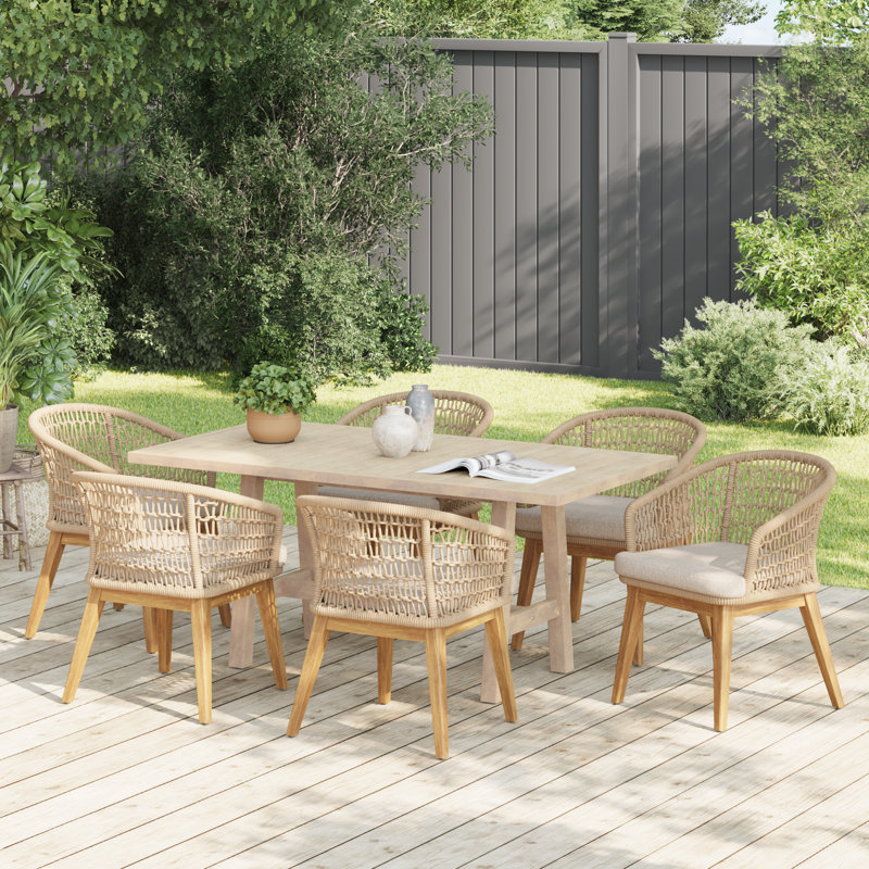 Ensemble repas d'extérieur rectangulaire avec coussins, Beige, 6