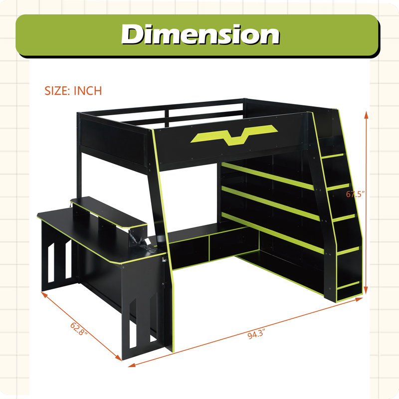 Lit mezzanine double en bois pleine grandeur avec bureau, tablettes multiples et lumière RVB, table réglable, Vert
