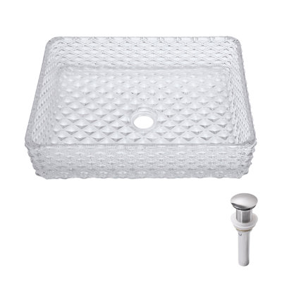 Lavabo rectangulaire rectangulaire en verre trempé pour la salle de bain, texture diamant, bonde escamotable, bonne étanchéité, vasque en verre de 23,53 lb, forme, surface facile à nettoyer, idéale pour les salles de bain