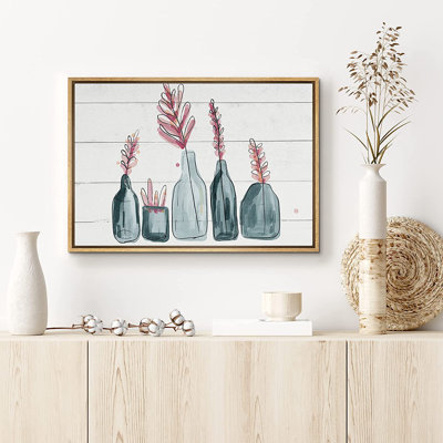 SIGNLEADER Framed Canvas Print Wall Art Pink Magnolia Leaves In Green Bottles Nature Plants Iiiustrations Modern Art Chic Portrait Colorful Pastel For