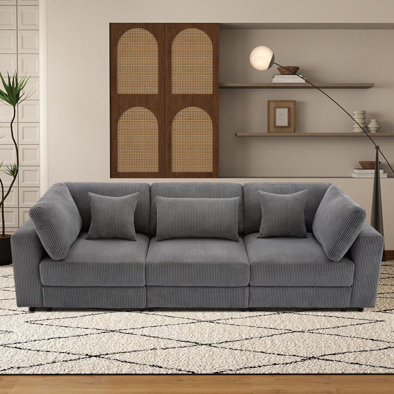Canapé de 105 po à 3 places en velours côtelé avec coussins lombaires et coussins décoratifs, Gris