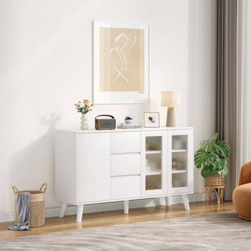 Farmhouse Buffet Cabinet, Coffee Bar With 3 Drawers And Pop-Up Doors, Large Rustic Sideboard For Dining Room, Kitchen, Hallway, And Living Room