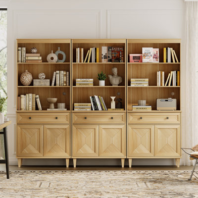Handmade Patchwork 94.5" Wide Tall Bookshelf with Cabinets, Oak