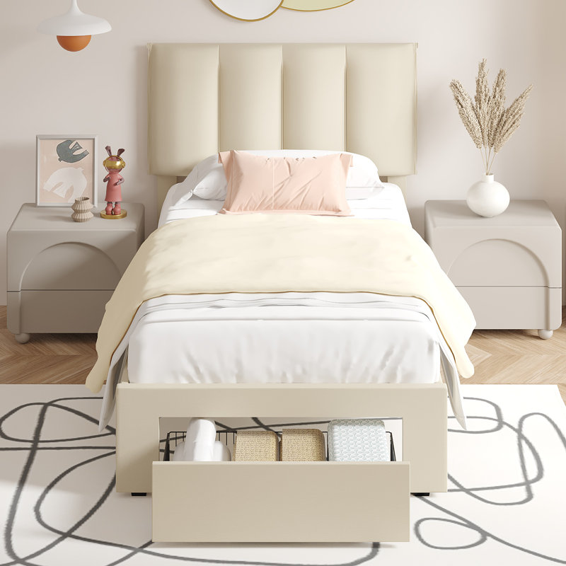 Structure de lit simple avec tiroir de rangement Cahlin, Beige, Simple