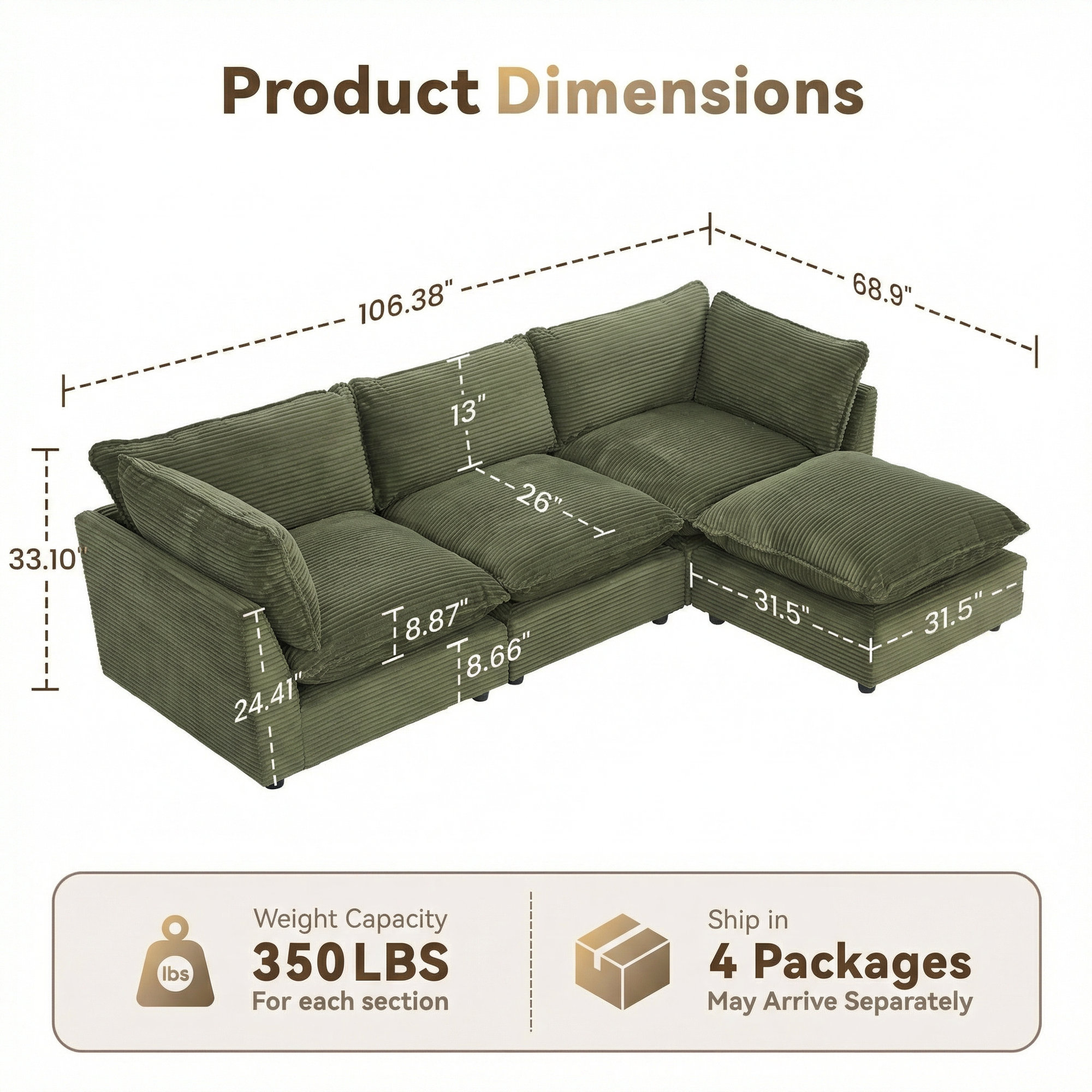 Eagan 106" 4 - Piece Modular Sectional, Green Corduroy