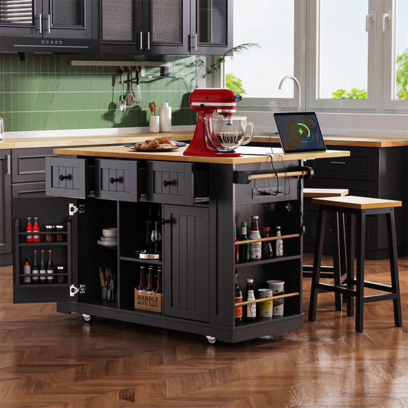 53Inch Large Kitchen Island With 2 Bar Stools, Power Outlet,Door Internal Storage Rack, Kitchen Storage Cart On 5 Wheels With Drop Leaf, 5 Open Side Racks, 3 Drawers, For Kitchen,Dining Room