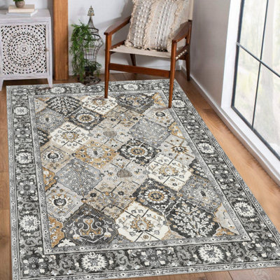 8'x10' Vintage Distressed Pattern Washable Area Rug. Non-Slip Low Pile Pearl Velvet Carpet for Living Room. Coffee Brown