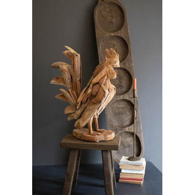  Teakwood Rooster Sculpture 25" H Brown Distressed Handcrafted Wood Figurine