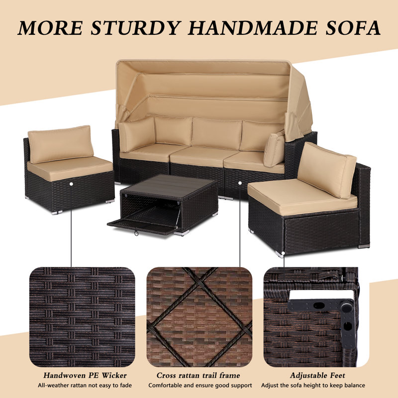 6 - Person Modular Patio Conversation Sets with Cushions, Khaki