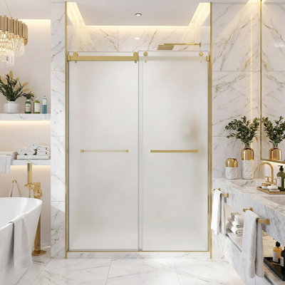 Porte de douche coulissante double sans cadre l 44 à 49 po x H 76 po, verre trempé de 3/8 po (10 mm) avec film givré d'intimité, film incassable et localisateur de trous d'installation
