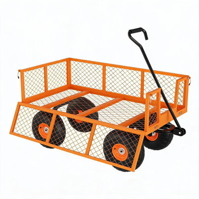 900 lbs Heavy Duty Steel Garden Cart Wagon – Removable Sides, 2-in-1 Handle, 13" Tires, Multipurpose Mesh Flatbed, Easy Assembly, Orange | 900 lbs