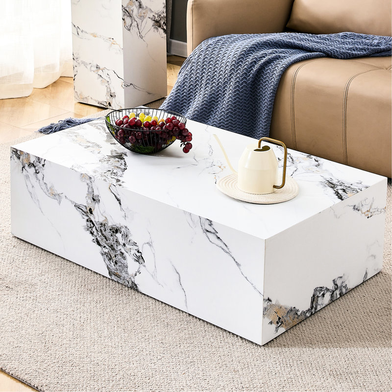 Table basse moderne de 39,54 po x 24,04 po x 11,65 po, blanc, avec fascination pour le marbre, marbre élégant et élégant