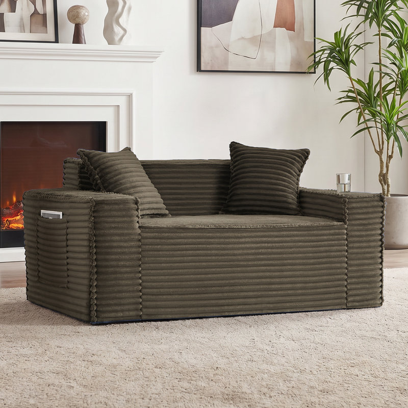Boneless 61'' W Oversized Foam Sofa Loveseat with Pillows, Compression Corduroy 2-Seater Sofa Upholstered Couch with 2 Cup Holders for Living Room, Bedroom, Apartment, Office