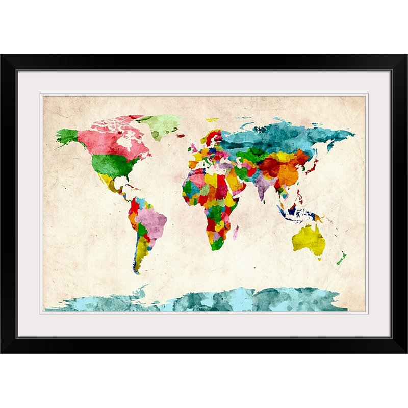 «World Map Watercolors» par Francy, impression, H 20 po x l 26 po x P 1 po, Cadre noir
