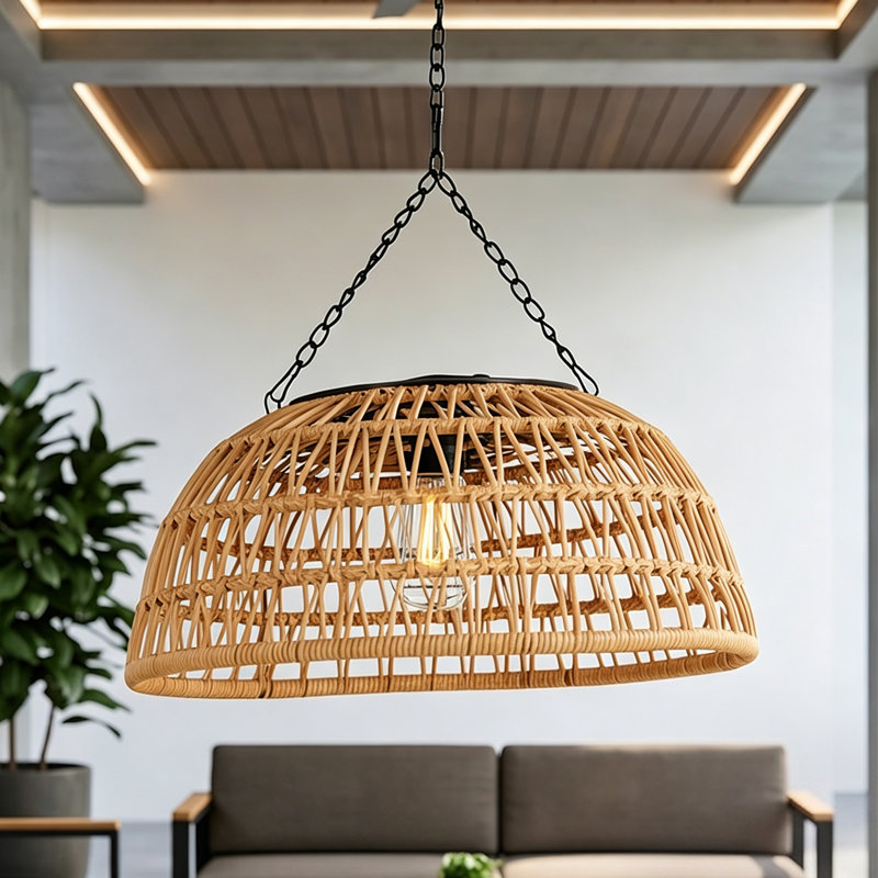 Solar Wicker Outdoor Pendant Light, Boho Hand-woven Waterproof Hanging Lamp With Adjustable Chain