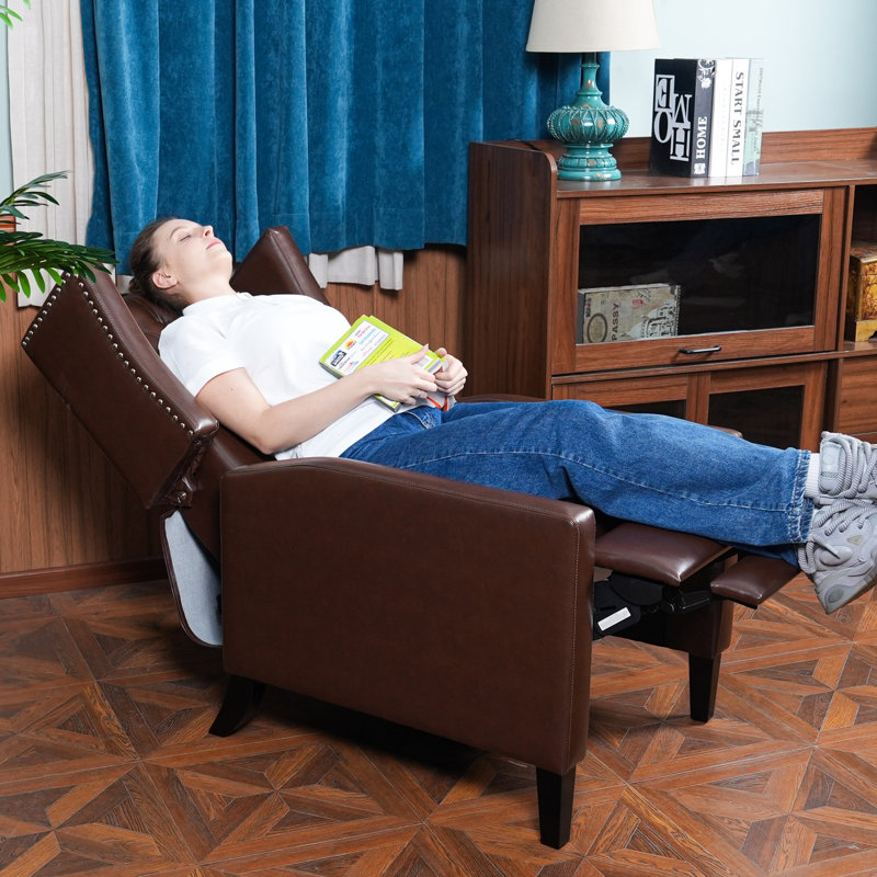 Brown Faux Leather Tufted Recliner with Wood Legs