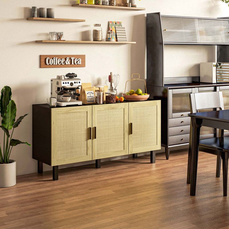 Buffet buffet, armoire de cuisine, armoire à café avec 3 portes en rotin, Noir/naturel