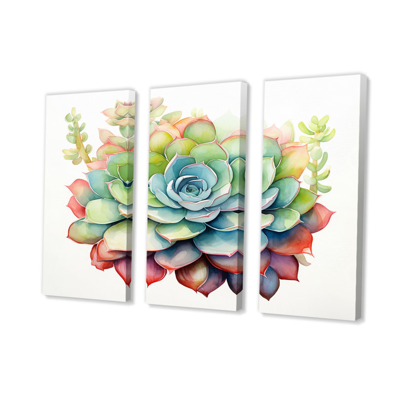 " Blossoming Succulent In Tender Retro Blue " 3 - Pieces, 28" H x 36" W x 1" D
