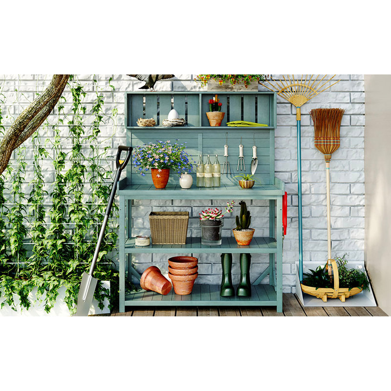Banc de rempotage de 65 po de hauteur, 4 tablettes et crochet latéral, construction solide jardin de 46,8 x 18,5 pouces