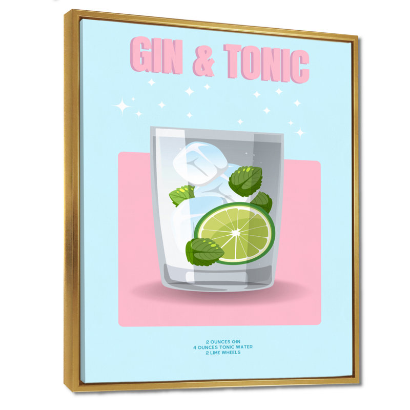 Gin & Tonic In A Rocks Glass I - Décoration murale cocktails, H 20 po x l 12 po, Cadre flottant doré