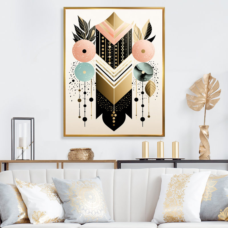«Boho Chic Floral Geometric Retro Illustration I», reproduction sur toile, H 40 po x l 30 po x P 1,5 po, Cadre flottant doré