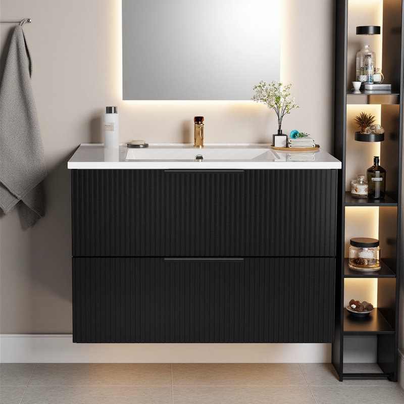 ​​30 Inch Wall Mounted Floating Vanity Bathroom Vanity Cabinet with Ceramic Sink​, Black
