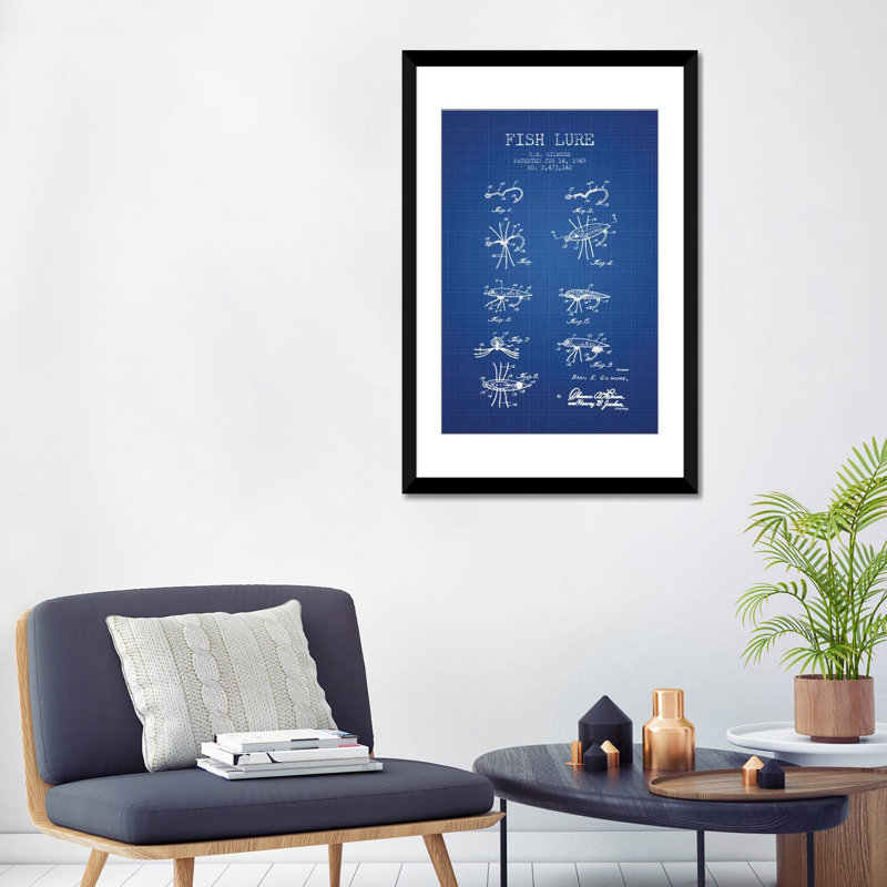 " B.E. Gilmore Fishing Lure Patent Sketch (Blue Grid) " by Aged Pixel, Black Framed Fine Art Paper, White