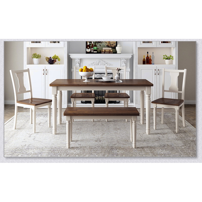 6-Piece Dining Set Wooden Table and 4 Chairs with Bench for Dining Room