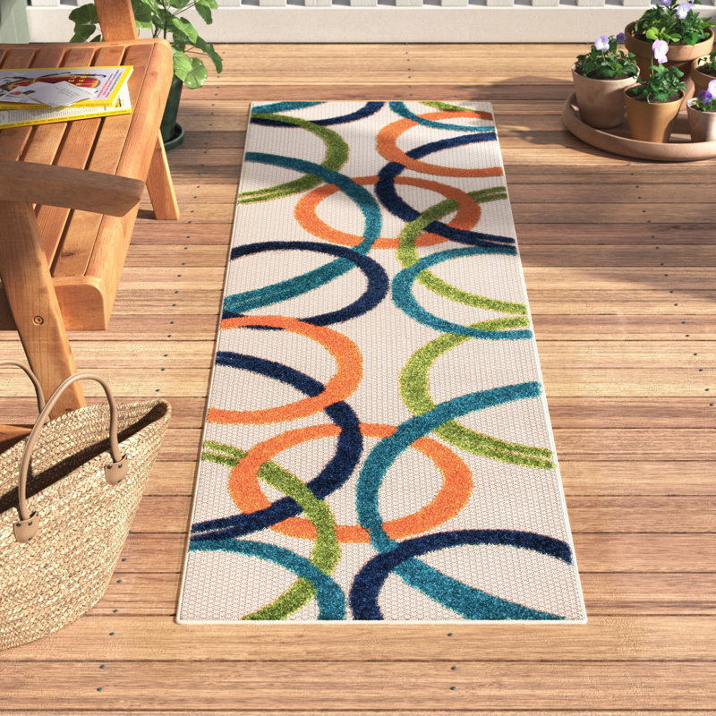 Tapis ivoire / bleu marine / orange à tissage plat Alyse, Tapis de couloir 2 pi x 7 pi