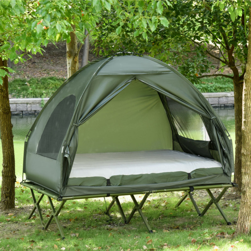 Lit de camp pliable pour 2 personnes avec tente, couvre-lit et matelas gonflable épais Outsunny