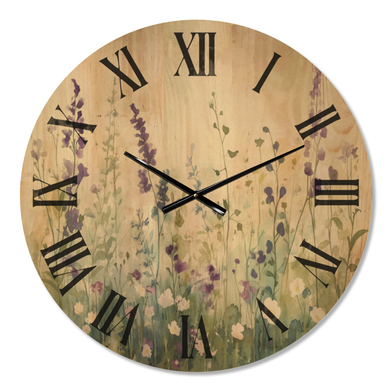 Horloge murale de style ferme, motif « Prairie de lavande sauvage », imprimée sur bois, Large