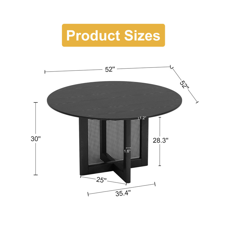 Table de salle à manger ronde en bois massif avec piédestal en rotin, Noir, H 30 po x L 52 po x l 52 po