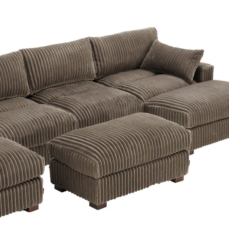 6 - Piece Upholstered Light Brown Faux Rabbit Fur Flannel Reversible Modular Sofa Living Room Sectional Couch with Ottoman