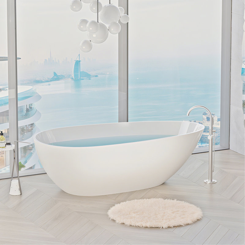 Baignoire autoportante de 59 po à surface solide, baignoire autoportante en résine de pierre de luxe fabriquée à la main avec trop-plein et bonde escamotable, blanc brillant