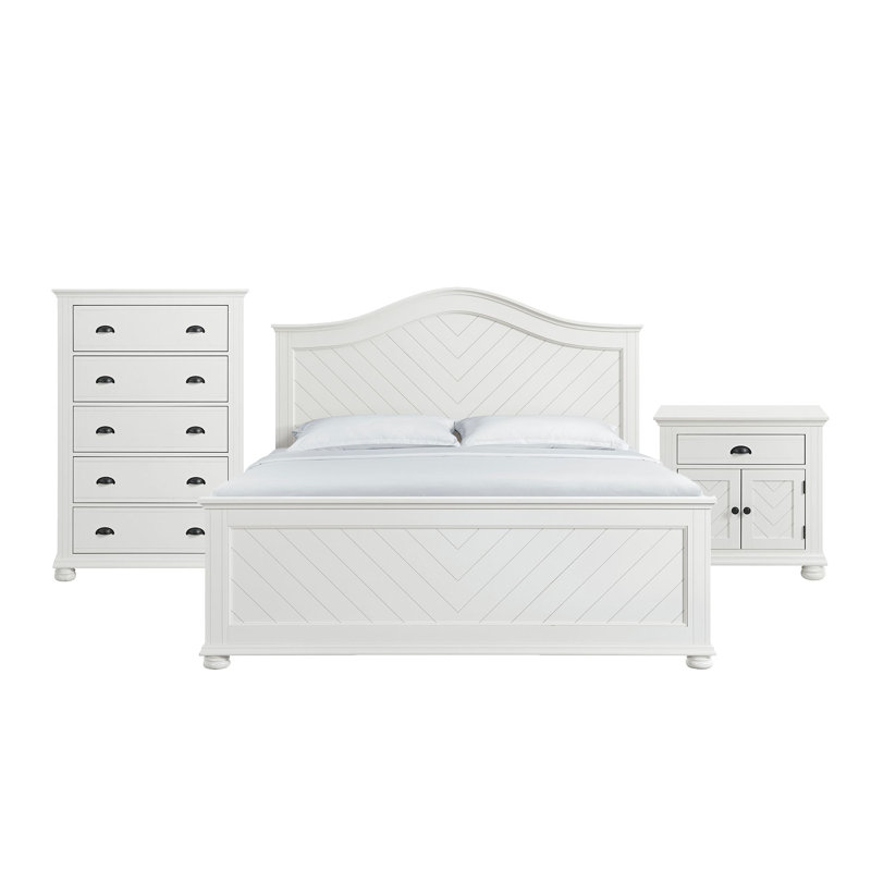 Govia Panel Bedroom Set In White, King, 3 Pcs: Bed, Chest, Nightstand
