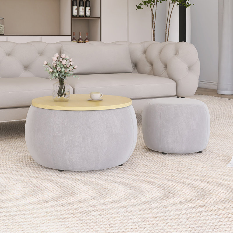 Table de bout ronde avec petit siège de rangement, Naturel, Gris
