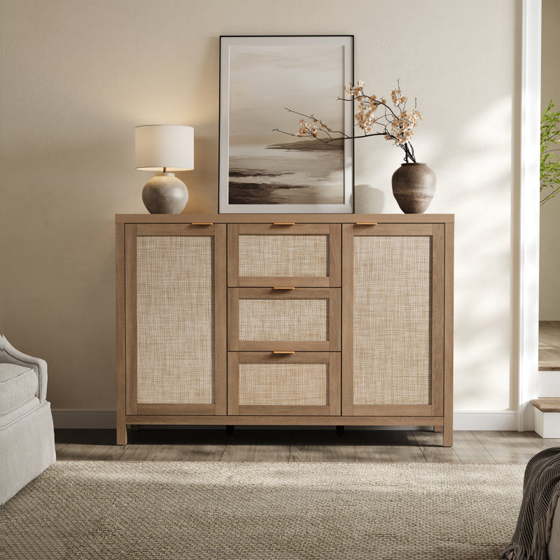 51.57'' W 3-Drawer And 2-Door Rattan Sideboard With Adjustable Shelves, Caramel Oak